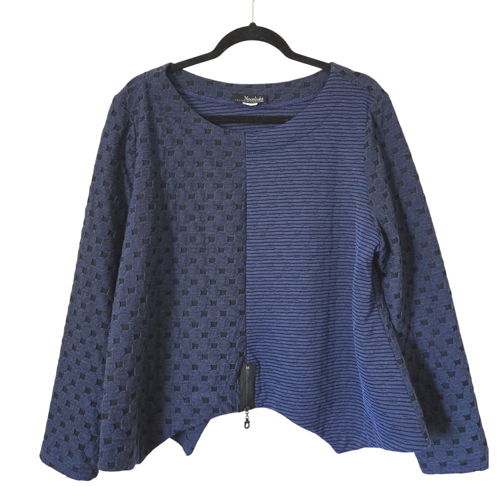 Moonlight Blue Black Asymmetrical Mixed Media Textured Top Art To Wear Lagenlook